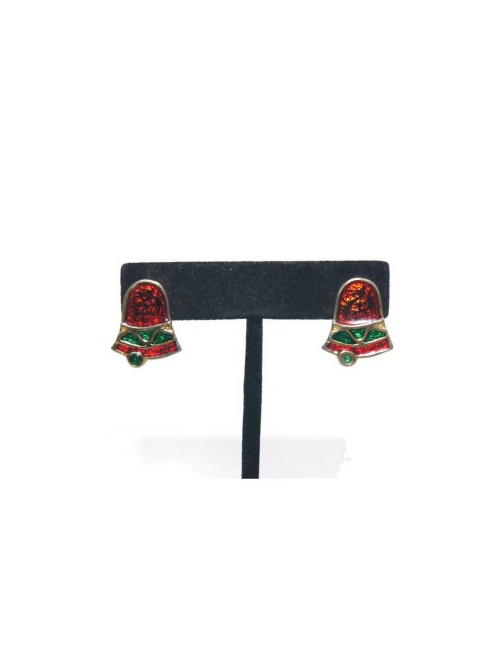 Vintage Gold Tone with Red and Green Enamel Christmas Bell Stud Earrings.